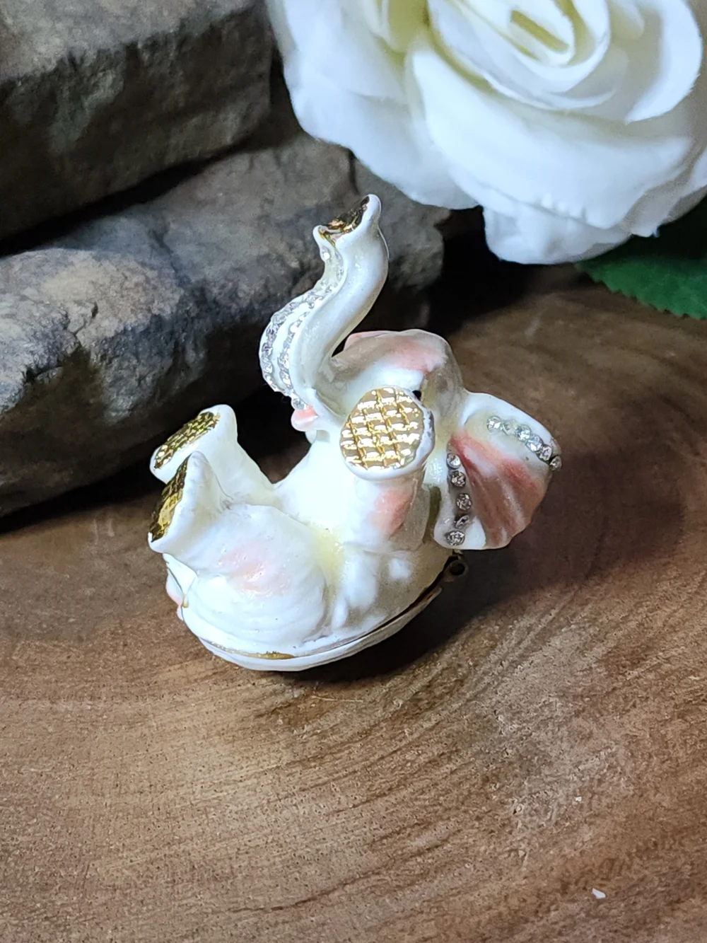 Dainty Little Elephant Trinket Box Jewelry Box with Gold And Rhinestone Accents